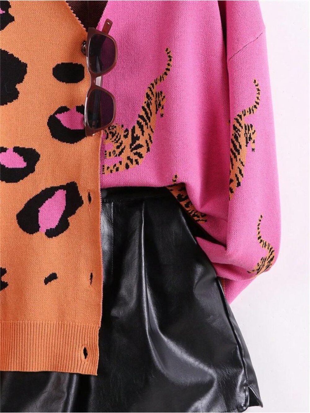 Oversized V-Neck Color Block Pink Orange Leopard Tiger Print Knit Sweater